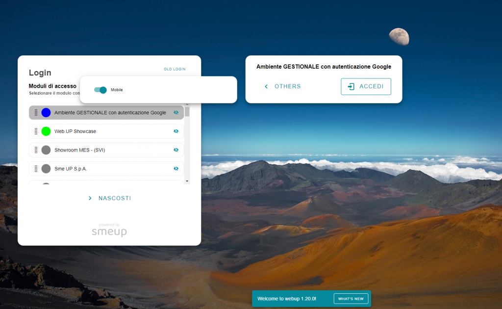 Screenshot che mostra l'attivazione dell'ambiente mobile da accesso desktop